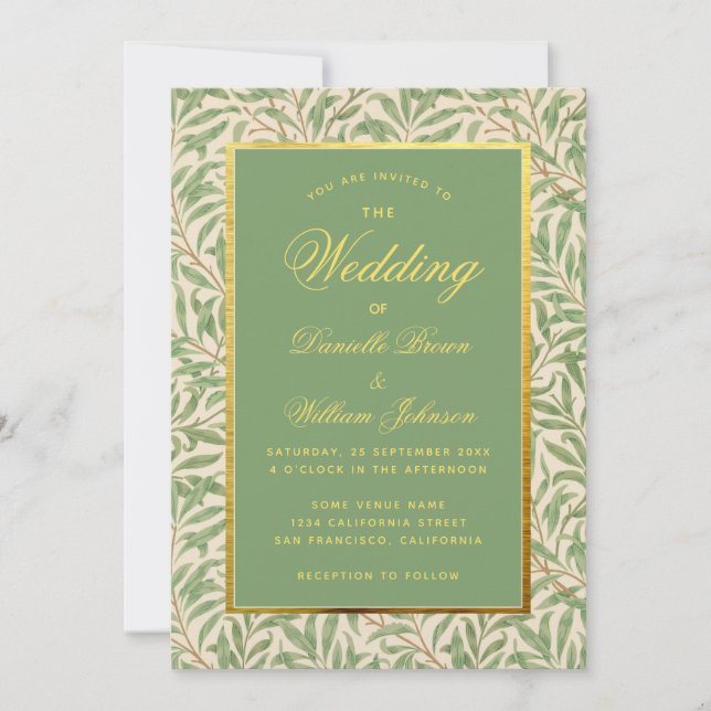 Convite Folhas de folhagem verde de casamento falso dourad (Frente)
