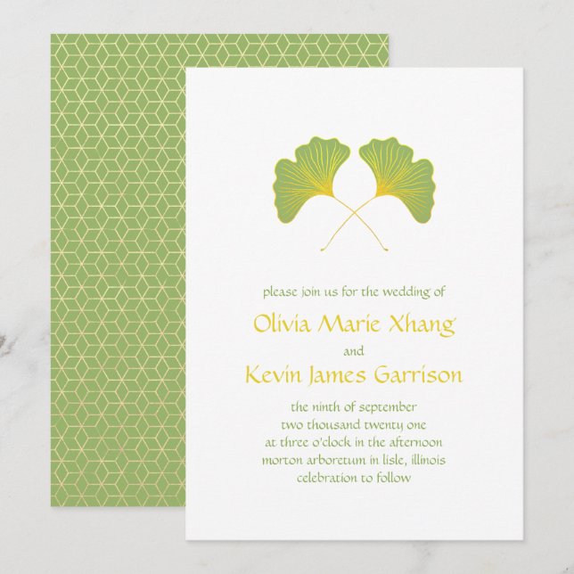 Convite Folhas de Ginkgo e Geometria Dourada (Frente/Verso)