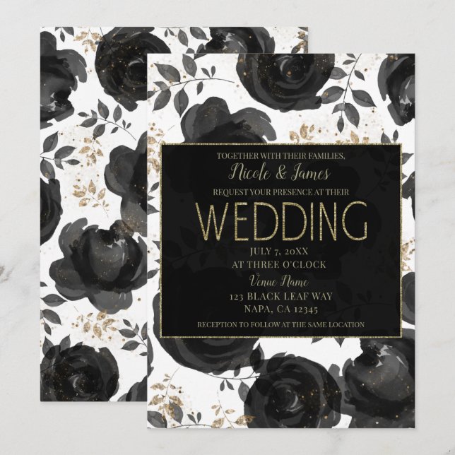 Convite Folhas de Glam Floral Ouro Negro Casamento (Frente/Verso)