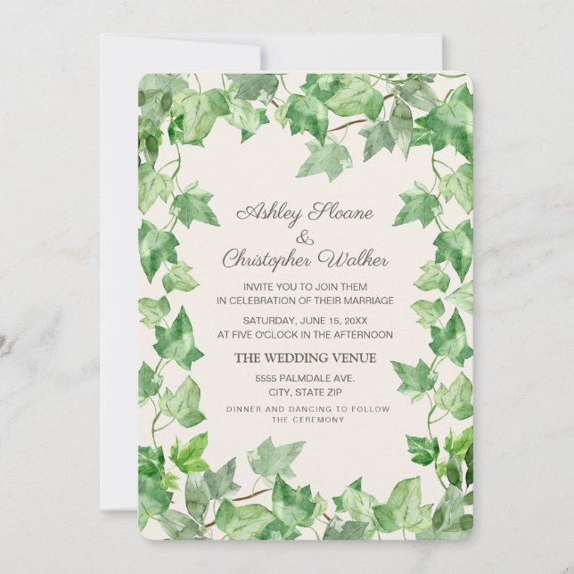 Convite Folhas de Hera Verde Elegantes Casamento Creme (Frente)