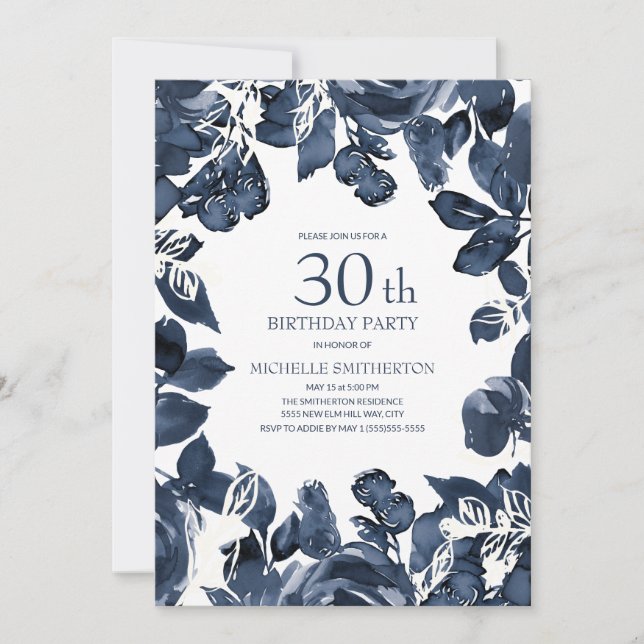 Convite Folhas de Índigo Azul-Marinho 30º Aniversário (Frente)