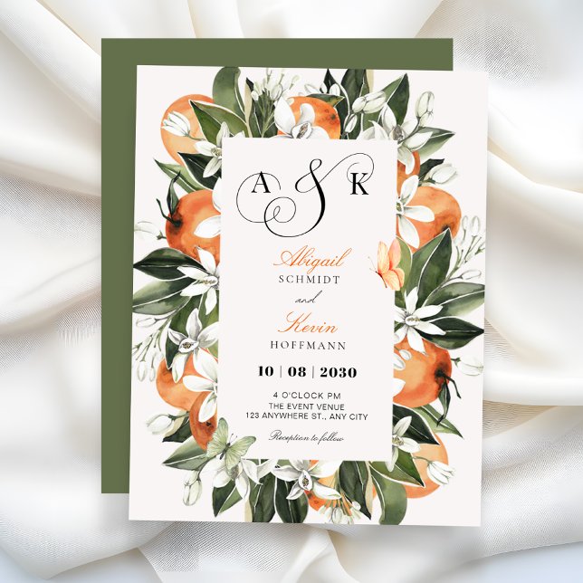 Convite Folhas de laranja botânicas aquarela casamento  (Criador carregado)