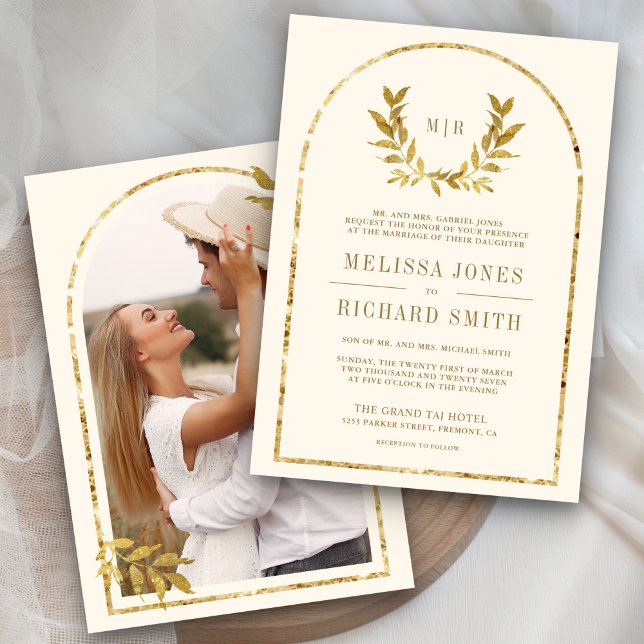 Convite Folhas de Louro Dourado Creme Casamento (Criador carregado)
