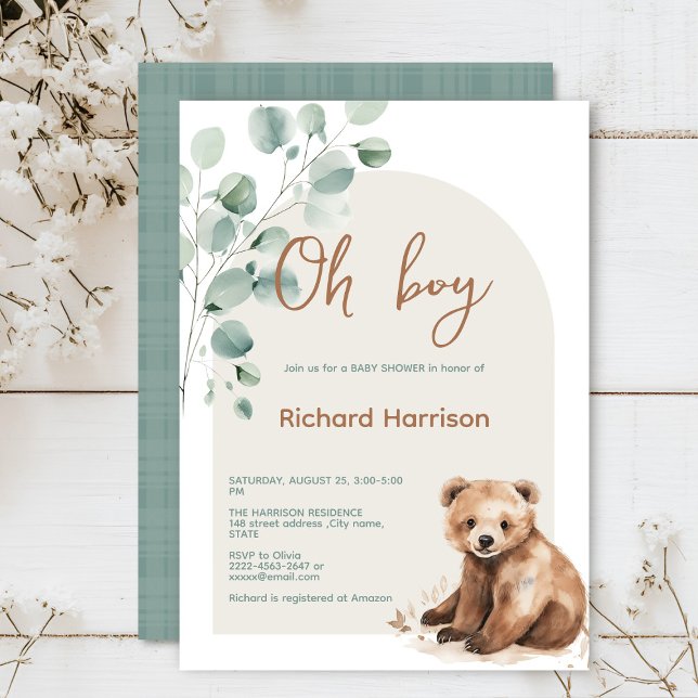 Convite Folhas de Mata Cuja chá de fraldas é chamada (Watercolor bear sage green beige eucalyptus Minimalistic watercolor gender neutral baby shower)
