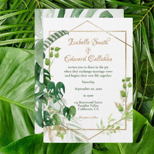 Convite Folhas de Monstera Verde Tropical Dourado Geométri