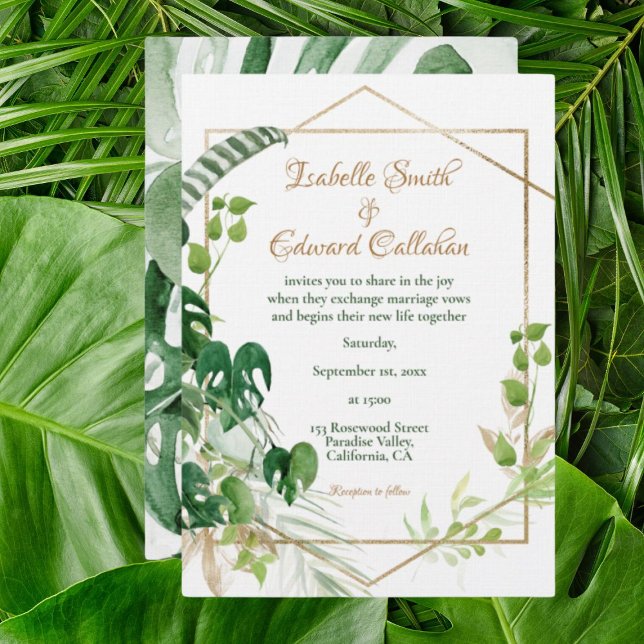 Convite Folhas de Monstera Verde Tropical Dourado Geométri (Criador carregado)
