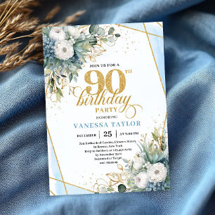 Convite Folhas de ouro azul pálido chic suave 90º aniversá