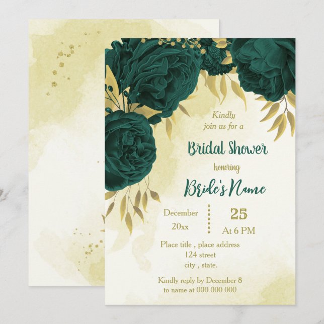 Convite Folhas de ouro de flores verdes esmeraldas chá de  (Frente/Verso)