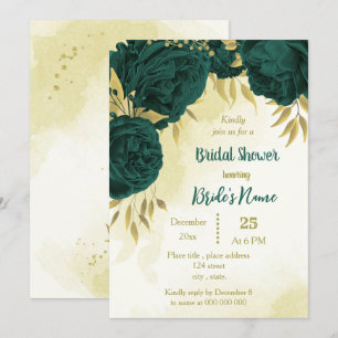 Convite Folhas de ouro de flores verdes esmeraldas chá de