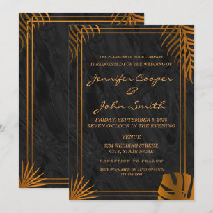 Convite Folhas de Ouro e Moldura Geométrica Casamento Tend