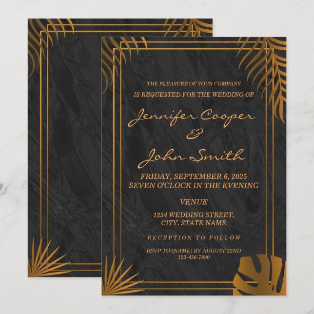 Convite Folhas de Ouro e Moldura Geométrica Casamento Tend (Frente/Verso)
