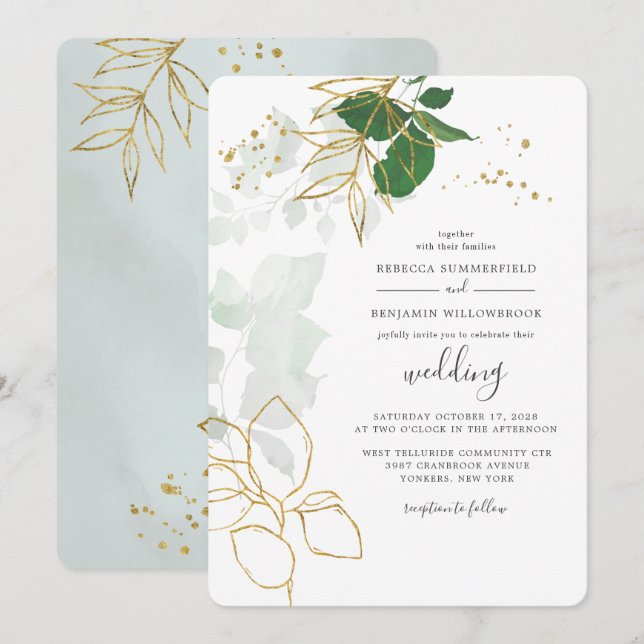 Convite Folhas de Ouro Eucalipto Verde Casamento (Frente/Verso)