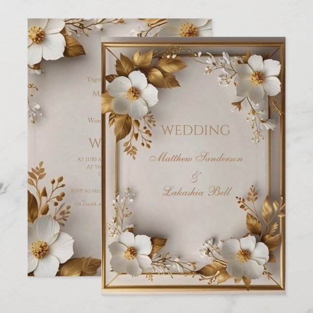 Convite Folhas de ouro lindas flores brancas (Frente/Verso)