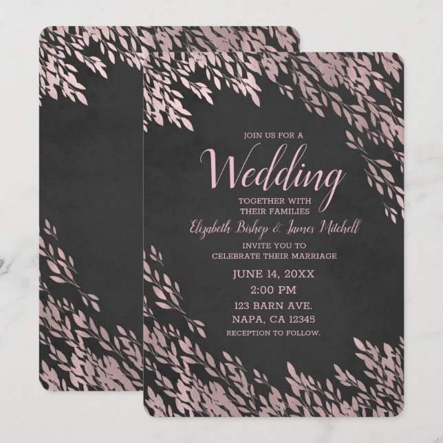 Convite Folhas de Ouro Rosado Deixam Casamento Rústico Chi (Frente/Verso)