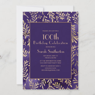 Convite Folhas de Ouro Roxo Elegantes 100º Aniversário