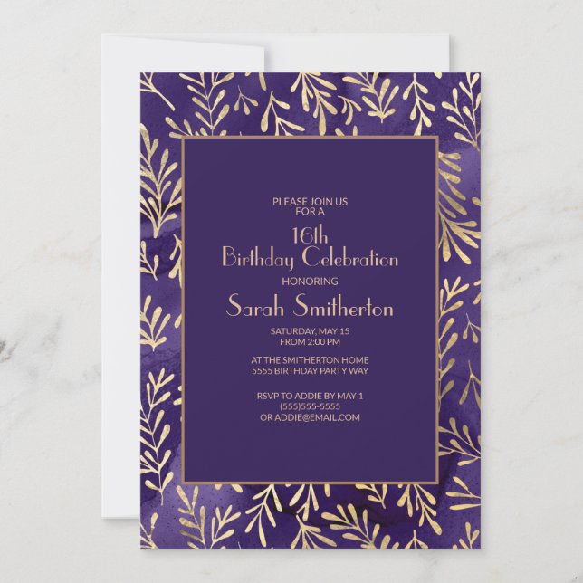 Convite Folhas de Ouro Roxo Elegantes Aniversário de 16 an (Frente)