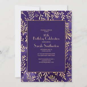Convite Folhas de Ouro Roxo Elegantes Aniversário de 16 an