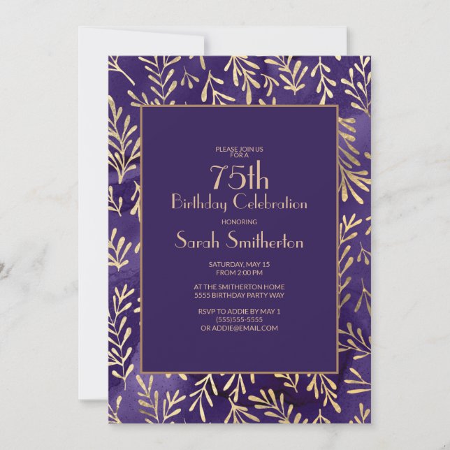 Convite Folhas de Ouro Roxo Elegantes para Aniversário de  (Frente)