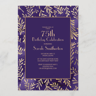 Convite Folhas de Ouro Roxo Elegantes para Aniversário de