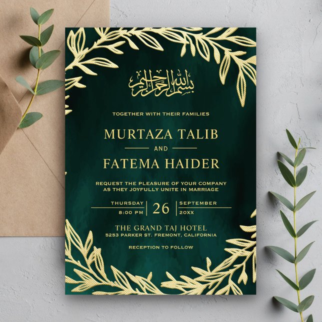 Convite Folhas de Ouro Verde Esmeralda Casamento Islâmico  (Criador carregado)