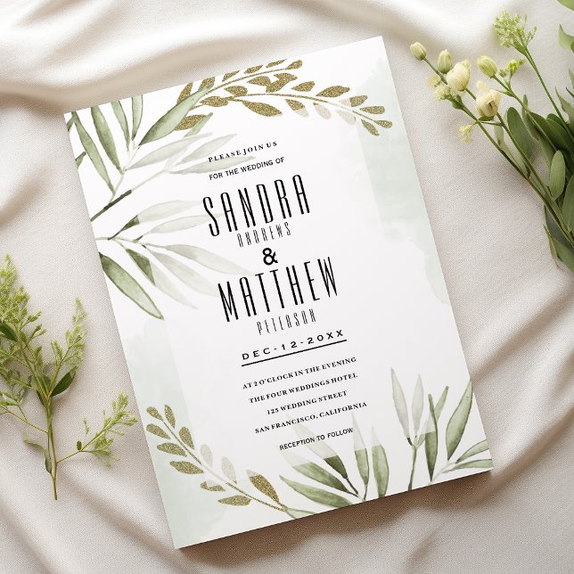 Convite Folhas de ouro verde-tropical (Tropical white green gold glitter leaves Wedding)