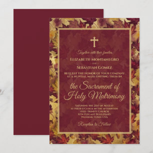 Convite Folhas de Outono Burgundy e Dourado Casamento Cató