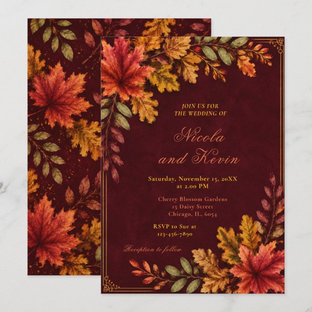 Convite Folhas de Outono Casamento Borgonha (Frente/Verso)