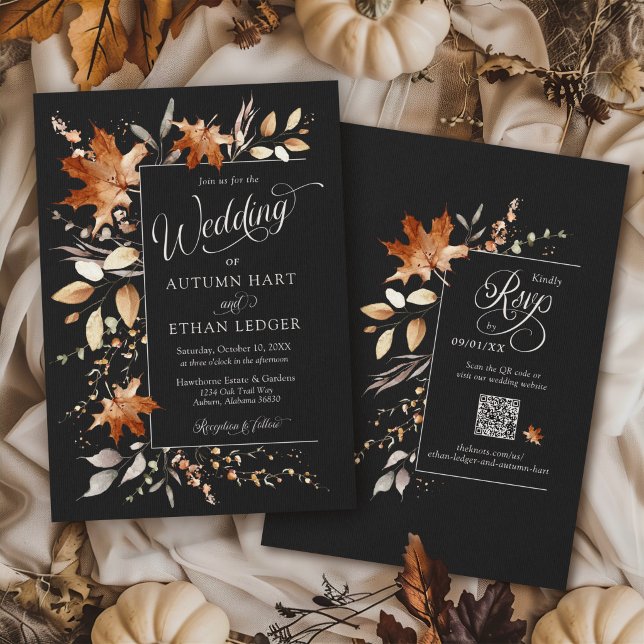 Convite Folhas de outono Casamento Floral Rústico de Outon (Elegant watercolor Autumn leaves modern black orange rust Fall QR code rsvp wedding invitation)