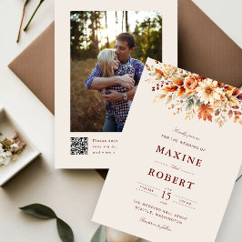 Convite Folhas de Outono Casamento Foto Código QR Botânico