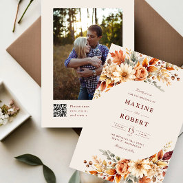 Convite Folhas de Outono Casamento Foto Código QR Botânico