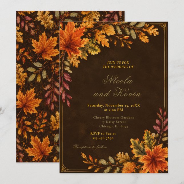 Convite Folhas de Outono Casamento Marrom (Frente/Verso)