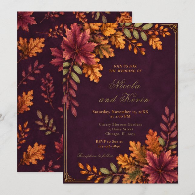 Convite Folhas de Outono Casamento Plum Deep (Frente/Verso)
