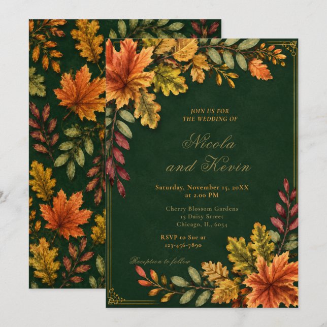 Convite Folhas de Outono Casamento Verde Floresta (Frente/Verso)