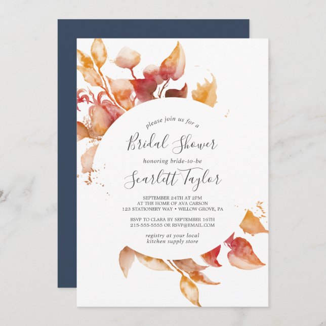 Convite Folhas de outono | Chá de panela branco e borgonha (Frente/Verso)