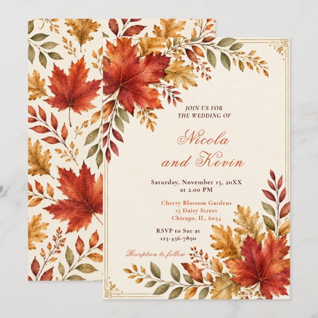 Convite Folhas de Outono Creme de Casamento (Frente/Verso)