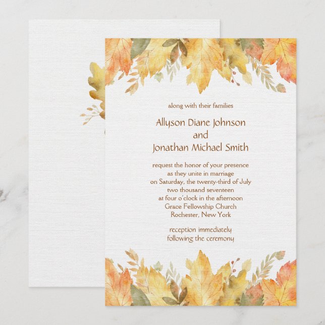 Convite Folhas de Outono de Aquarela Rústica Casamento | (Frente/Verso)