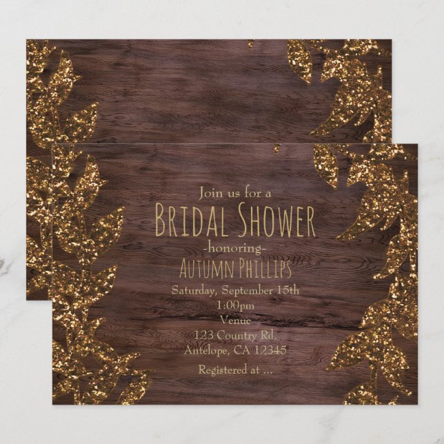 Convite Folhas de Outono Falso Brilho Dourado Glam (Frente/Verso)
