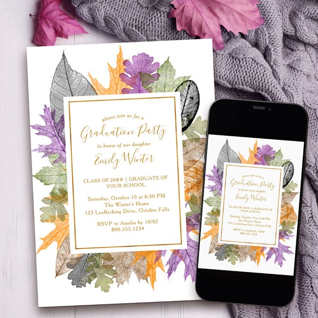 Convite Folhas de Outono Folhagem de Outono Script Graduaç (Fall Grad Party Invitation with autumn leaves to order printed or as a printable download)