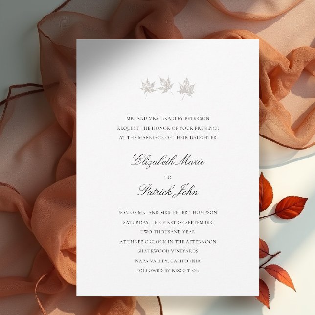 Convite Folhas de Outono Formal Moderno Clássico Casamento (fall leaves wedding invitation formal modern classic black tie autumn botanical elegant white)