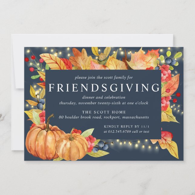 Convite Folhas de Outono Luzes de Abóbora no Friendsgiving (Frente)