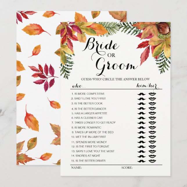 Convite Folhas de outono no outono Jogo da Noiva ou do Noi (Frente/Verso)