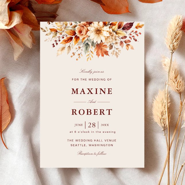 Convite Folhas de Outono Outono Botânico Casamento Aquarel (Fall leaves botanical watercolor invitation celebrates your autumn wedding beautifully.)