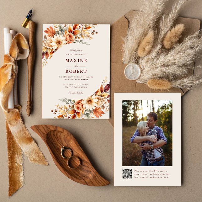 Convite Folhas de Outono Outono Botânico Código QR Foto Ca (Fall leaves QR code photo invitation lets guests share in your autumn love story.)