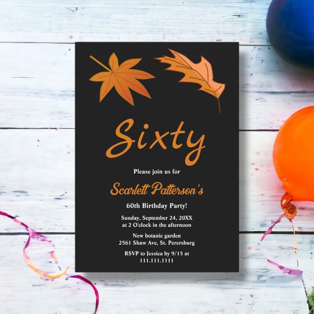 Convite Folhas de outono Pretas e Brancas caem 60º anivers (Criador carregado)