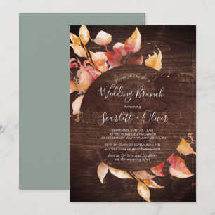 Convite Folhas de outono Rustic Brown Wood Wedch Brunch