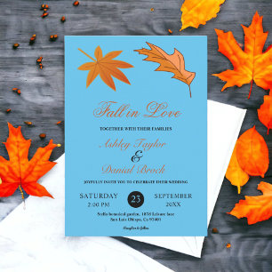 Convite Folhas de Outono Rústico Azul Floral Casamento