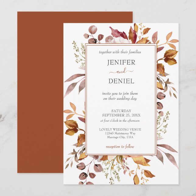 Convite Folhas de Outono Rústico País Boho Casamento (Frente/Verso)
