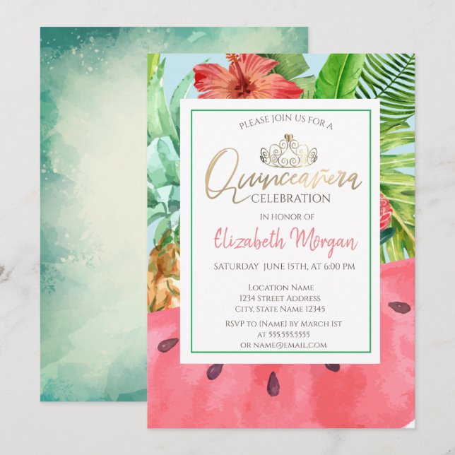 Convite Folhas de Palma,Melancia,Abacaxi Quinceañera (Frente/Verso)