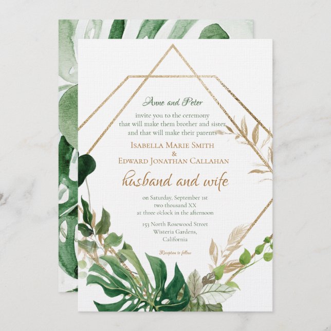 Convite Folhas de Palma Tropicais de Quadro Dourado Geomét (Frente/Verso)