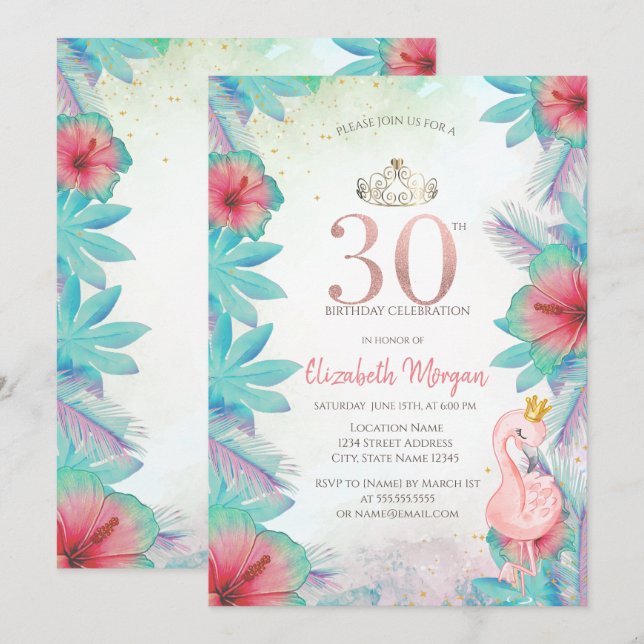 Convite Folhas de Palma Tropicais Hibisco Rosa Flamingo 30 (Frente/Verso)